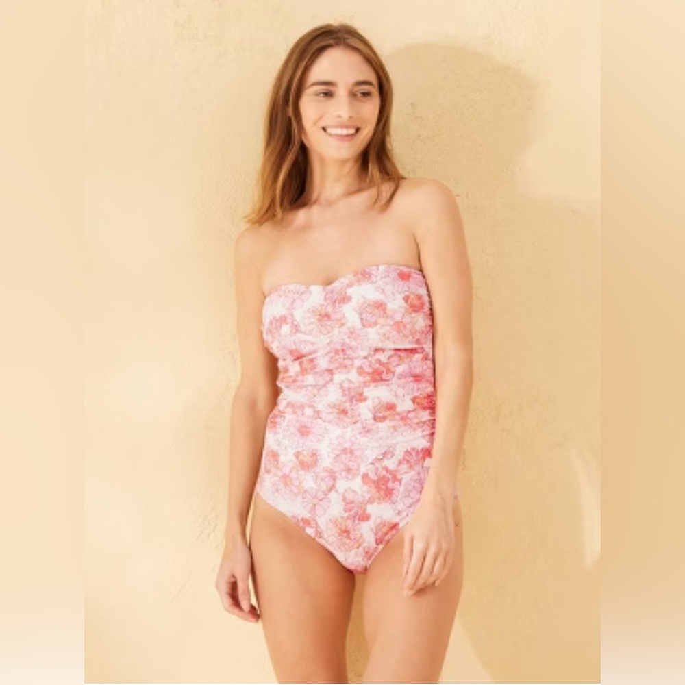 Shade & Shore - Women’s Floral Print Shirred Bandeau One Piece Swimsuit